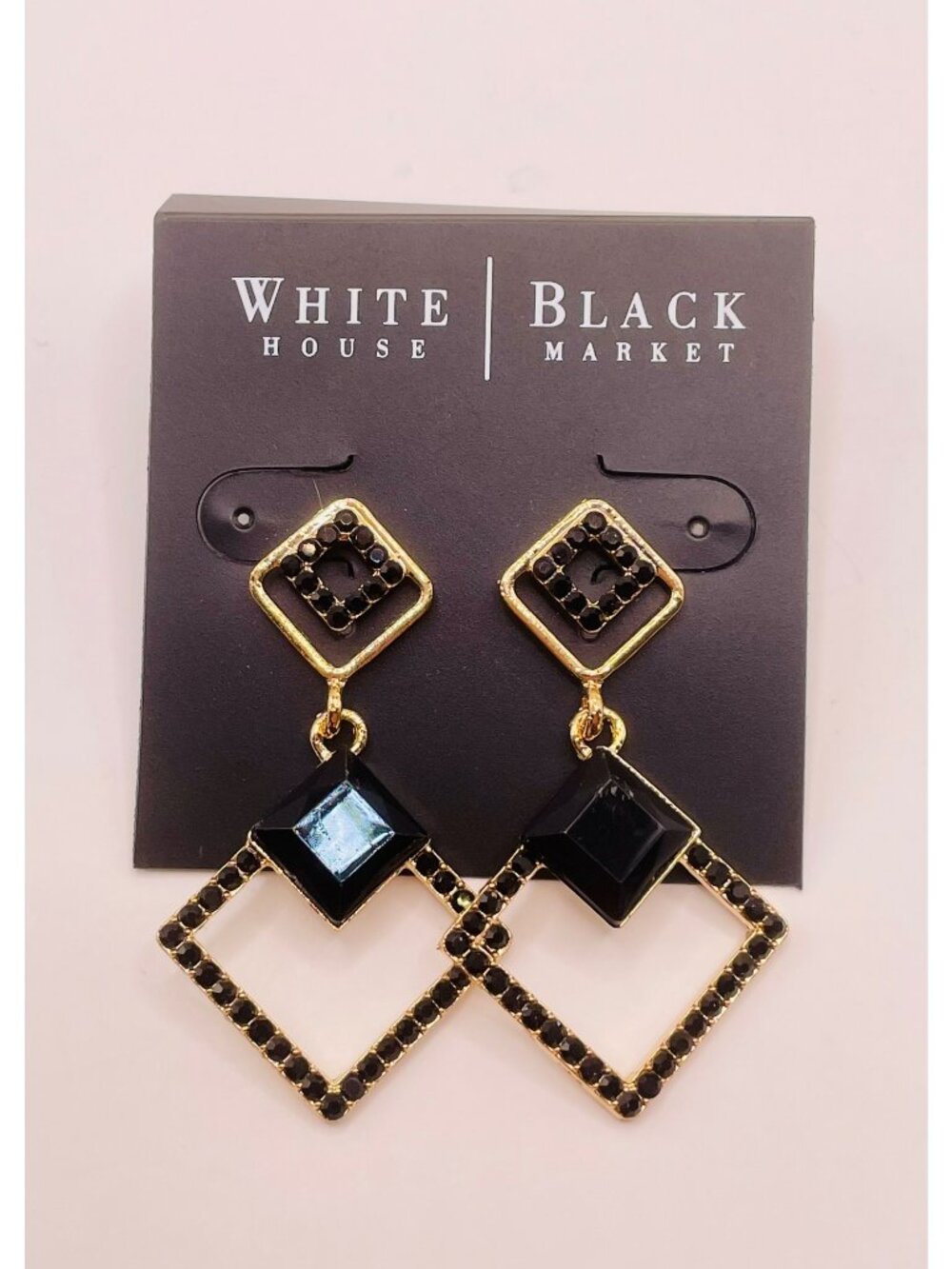 White House Black Market Geometric Drop Earrings Black Stones & Gold-Tone -35B